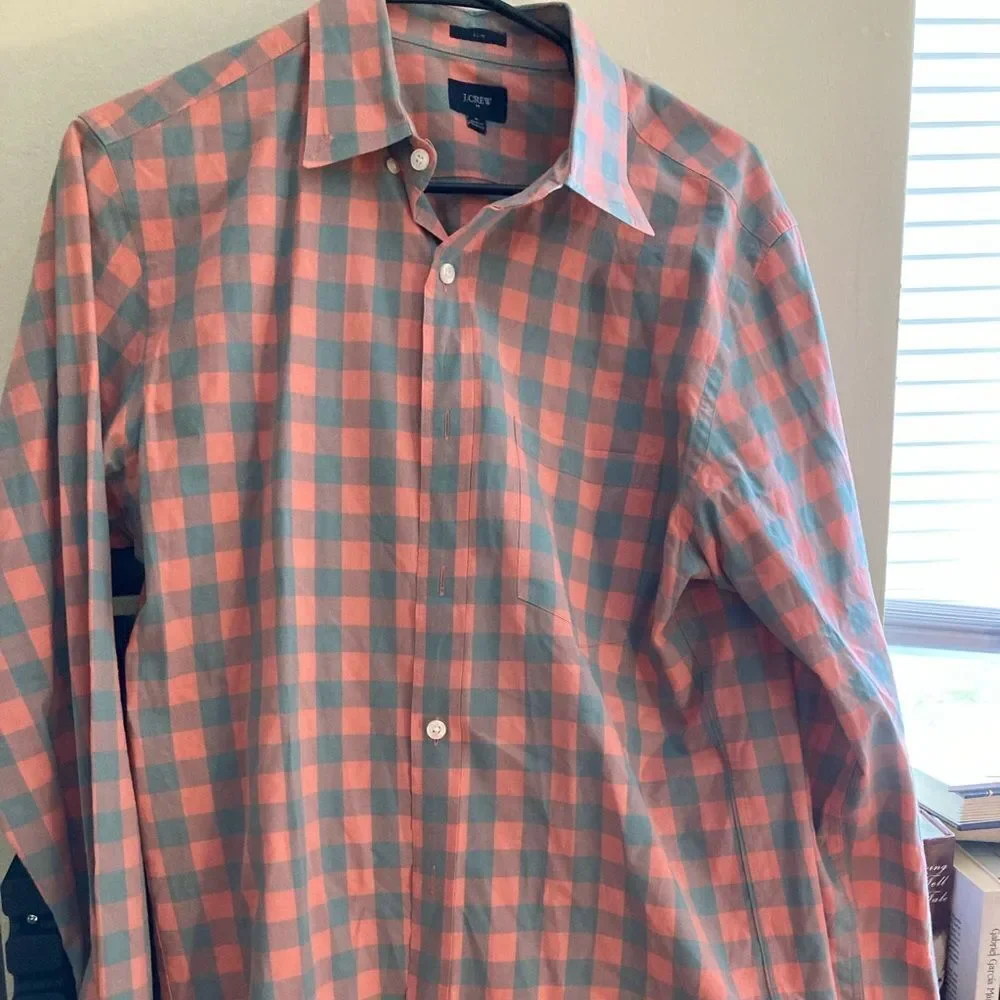 Mens Pink and Gray Plaid J.Crew Causal Button Down Shirt